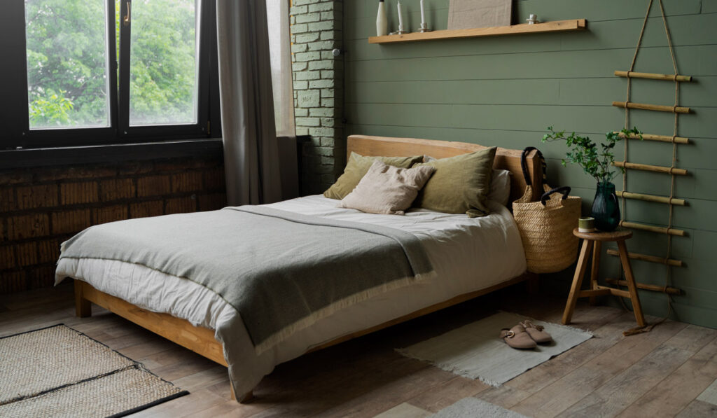 Minimalist bedroom with green accent wall
